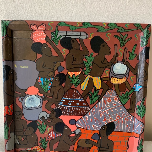 Vintage Zimbabwe Weya Folk Art Original Oil Wood Painting”Brewing Beer”Signed